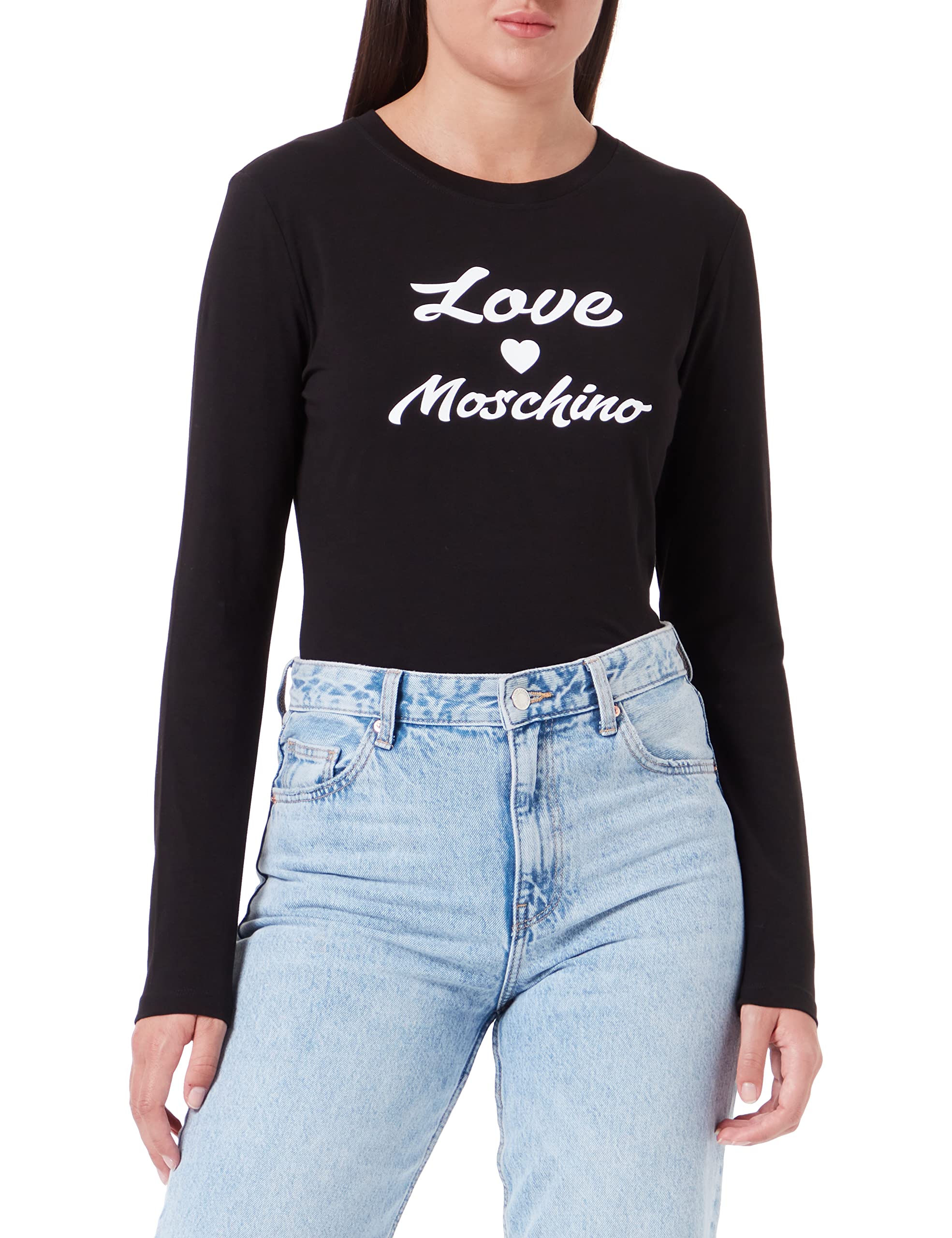 Love Moschino Damen Tight-fitting Long Sleeves With Cursive Brand Print T Shirt, Schwarz, 38 EU