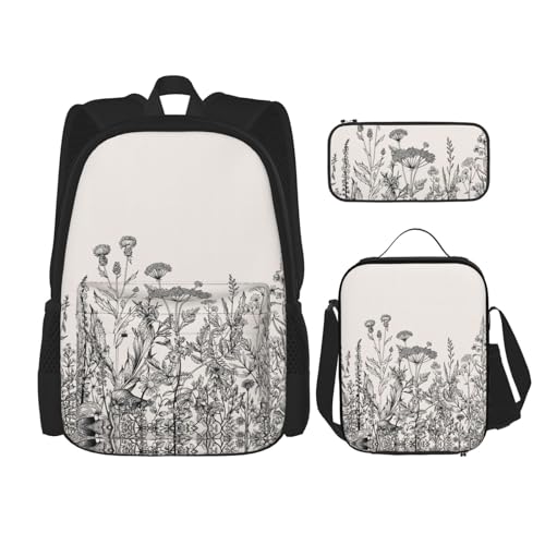 WURTON 3-in-1 Büchertaschen-Set mit Blumen-Kräuter-Gravur, verstellbarer Schulter-Rucksack, Lunch-Tasche, Federmäppchen, Tasche