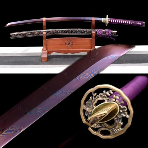 Samurai-Schwert mit Holzscheide,Musterstahl Klinge,handgefertigtes 103cm Katana zum Sammeln,Ausstellen,Maskerade,Cosplay,Geschenk,Selbstverteidigung,Kendo