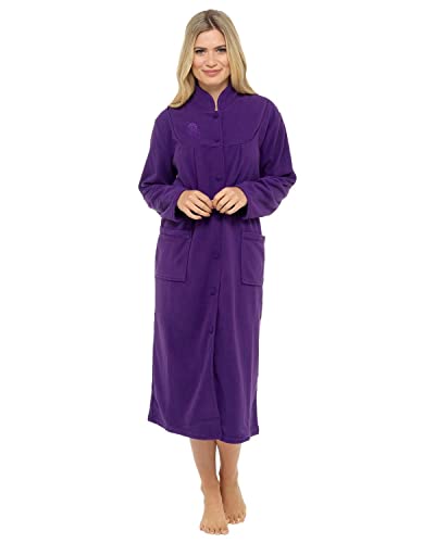 Damen-Bademantel aus Fleece, Größen 38 bis 54, mit Knöpfen und Vordertaschen Gr. Medium, violett