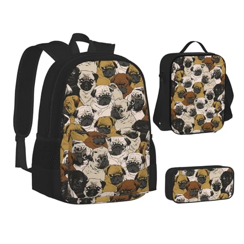 WURTON Imagen De Mops Print Teen Rucksack Set von 3 in 1 (Federmäppchen + Schultasche + Lunchtasche Kombination)