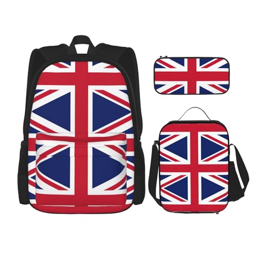 WURTON Rucksack mit britischer Flagge, 3-in-1, Büchertaschen-Set, Lunchbox, Federmäppchen, Reise-Laptop-Tagesrucksäcke, Schwarz, Einheitsgröße