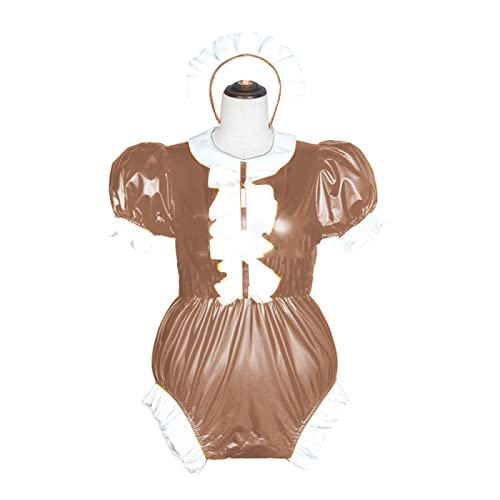 Damen-Body mit Wetlook, PVC, Rollkragen, Bodysuit, Leder, Puffärmel, Hellbraun, XXXL