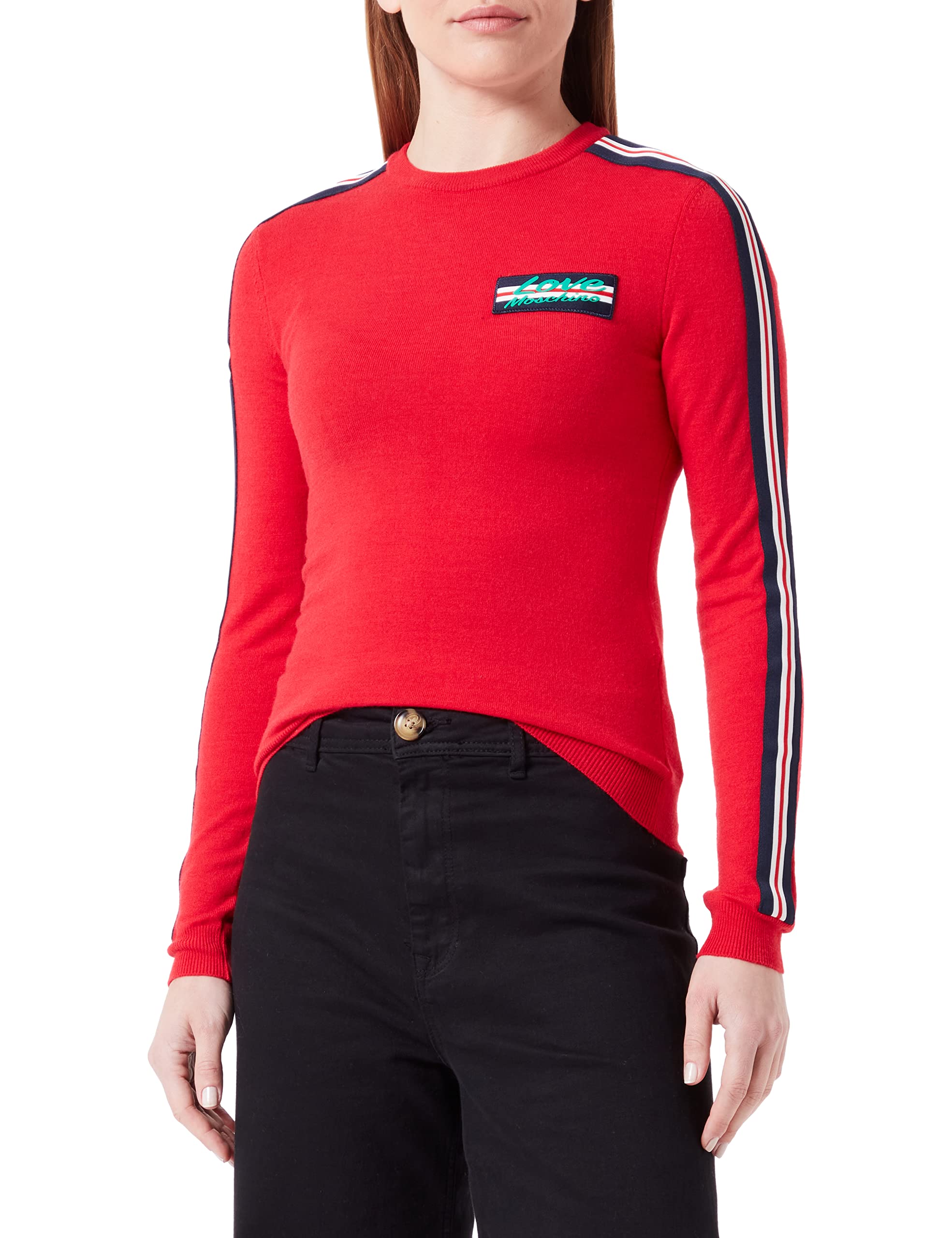 Love Moschino Women's Slim fit Long-Sleeved Roundneck with Striped Tape on Sleeves and Patch Pullover Sweater, RED, 42