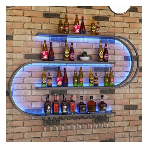 BFVAKBKYT Hängende industrielle runde Weinregale, An der Wand montiertes Weinregal mit LED-Licht, hängendes Weinregal aus industriellem Metall mit Weinglas for Küche, Bar, Café(Blue Light)