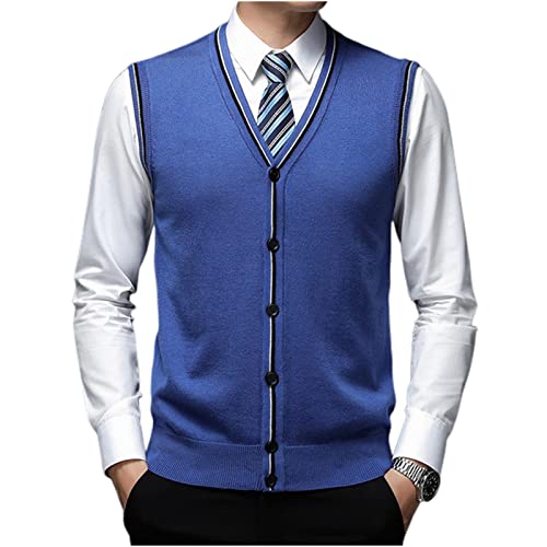 SHUIZONG Ärmellose Strickweste Für Herren Herbst 6% Woll -Strickjacke Pullover Gegen Hals Strick -Tanktoper Herrenmänner Ärmelloser Gelegenheitsmänner-Royal Blue,XXL