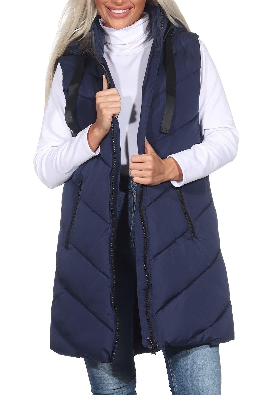 JdY Damen 3/4-lange Steppweste mit Kapuze JDYSkylar Padded Hood Waistcoat 15220630 Naval Academy/Black L