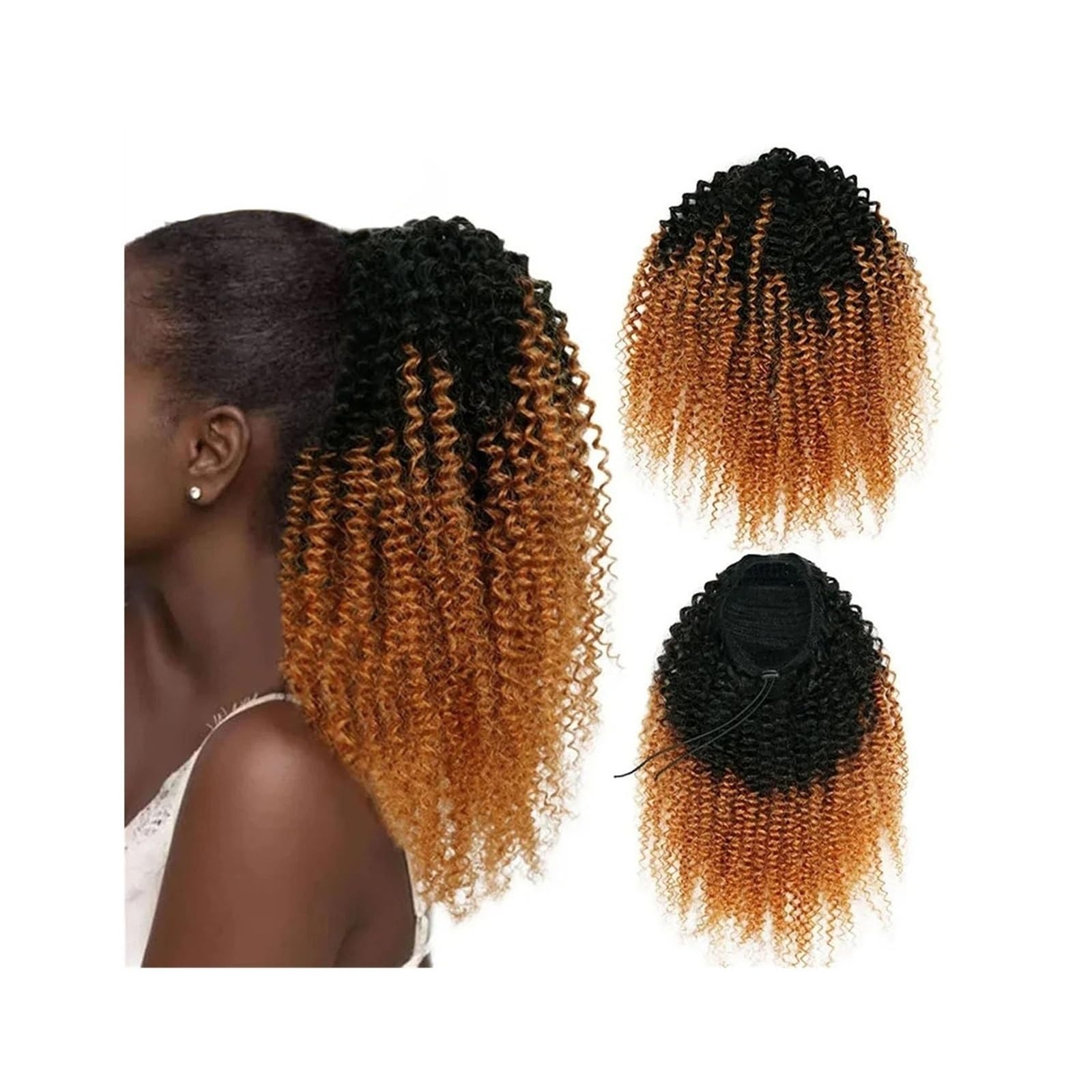 Pferdeschwanz Haarteil Afro Puff Pferdeschwanz-Verlängerung mit Kordelzug, 35,6–55,9 cm, verworrener Afro-Pferdeschwanz aus Echthaar for schwarze Frauen, Nr. 1B/30, Remy-Haar, Pferdeschwanz-Haarteile