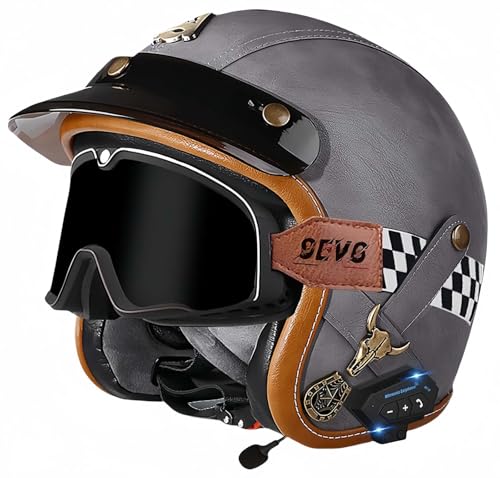 Bluetooth-Helme, Vintage-Motorradhelme, ECE/DOT-Geprüft, Offener Vintage-Helm Für Männer Und Frauen Mit Schutzbrille, Offener Gesichts-Mopedhelm, Verstellbar H,L57-60CM