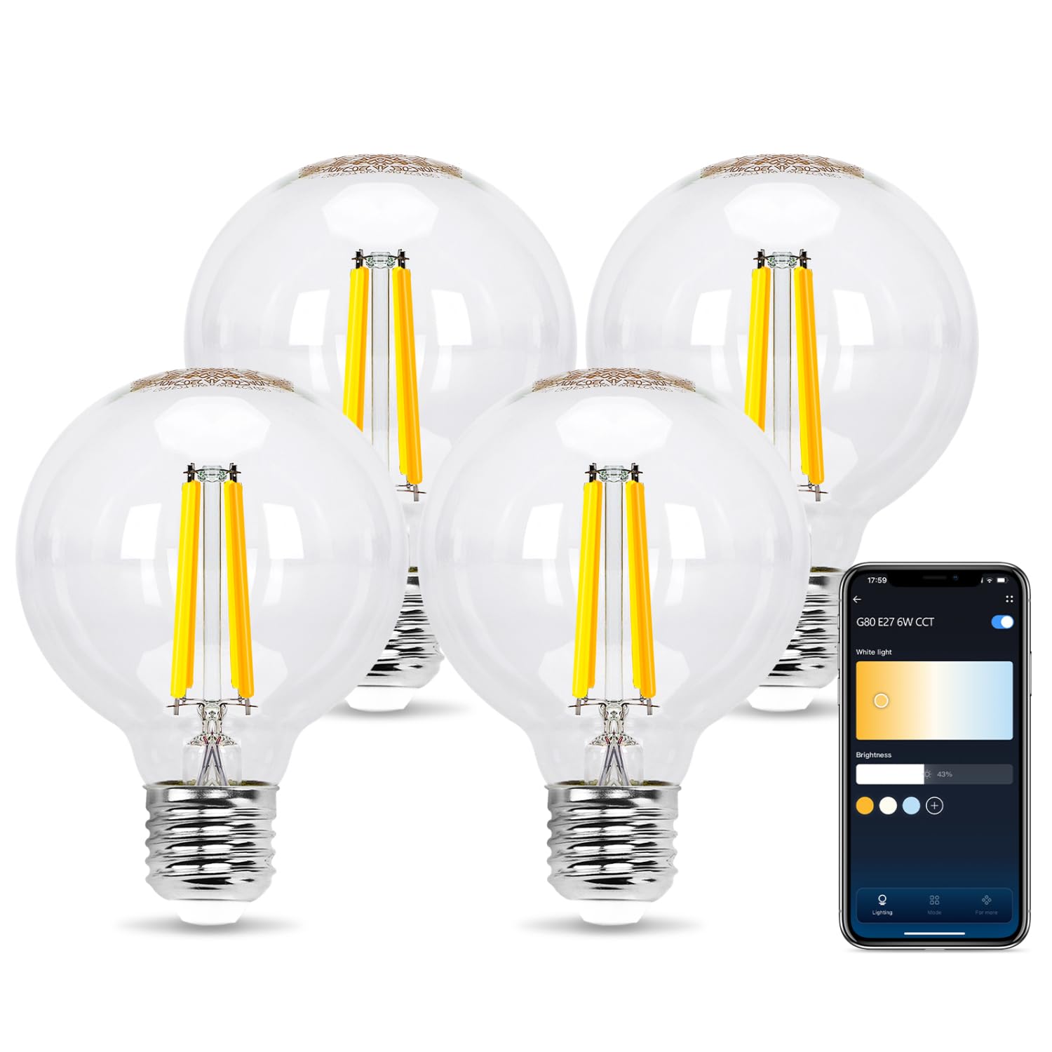 Aigostar Smart LED Glühbirne E27， 6W Vintage Glühbirnen， G80 Transparent Globe， 850LM Warmweiß Dimmbar 2700K -6500K， Kompatibel mit Alexa und Google Hom， Kein Hub erforderlich， 2.4GHz WiFi， 4 Stücke