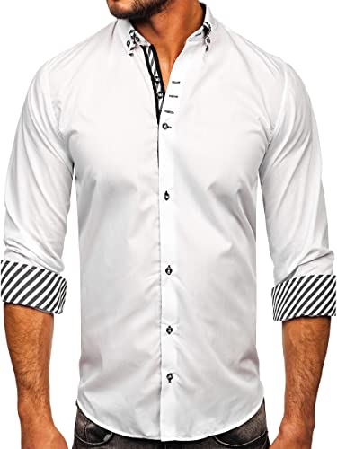 BOLF Herren Hemd Langarm Freizeithemd Langarmhemd Elegant Business Party Bügelleicht Farbwahl Classic Basic Slim Fit Casual Style 3762 Weiss XL [2B2]