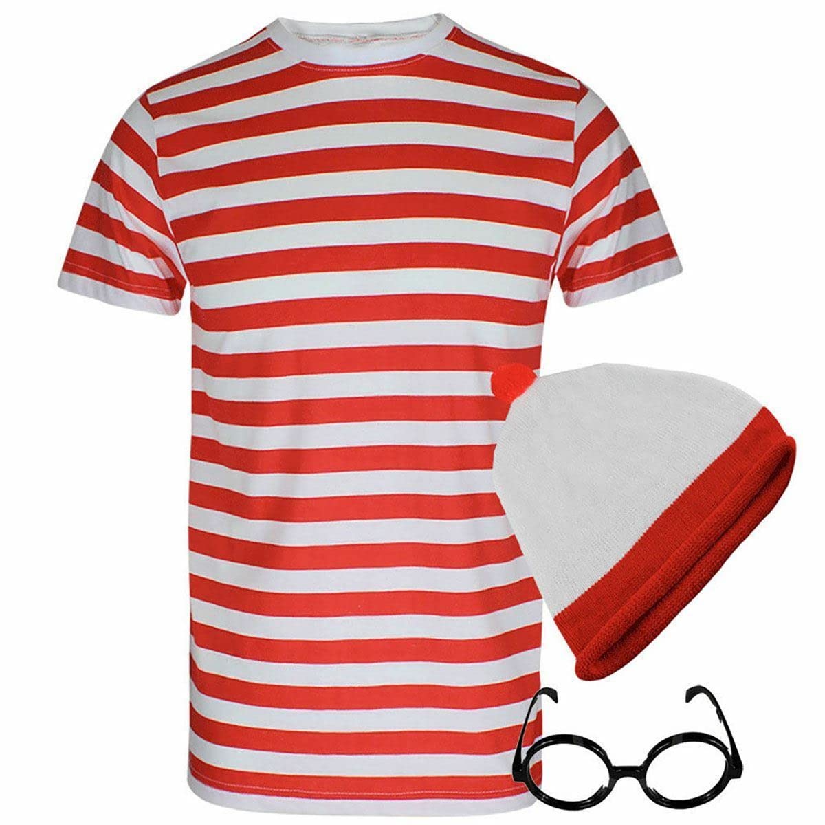 Kostüm-Set für Erwachsene und Kinder, gestreift, T-Shirt, Mütze, Socken, Brillen, Rot und Weiß, Herren T-Shirt Hut Brille Set, Klein