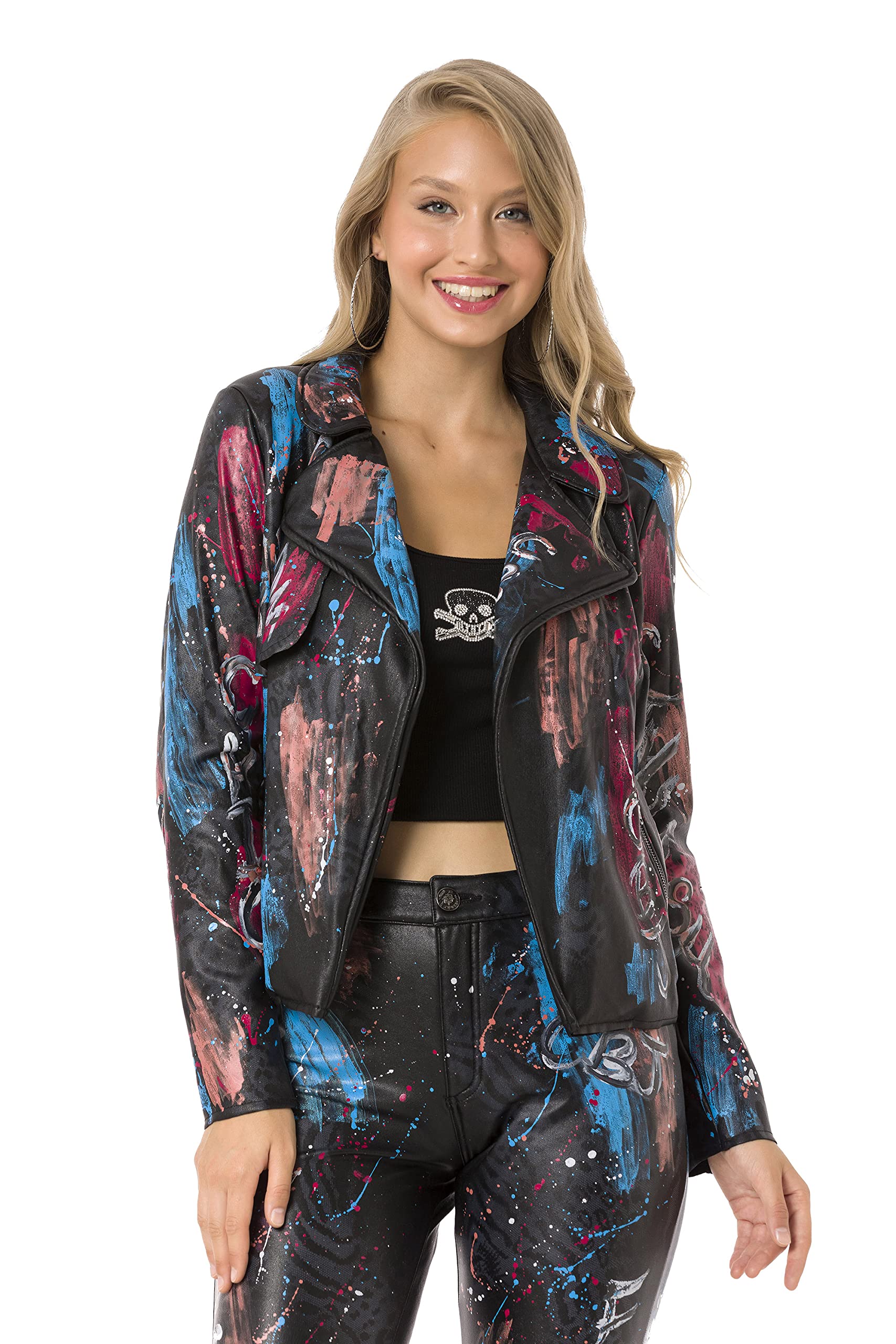 Cipo & Baxx Damen Jacke Übergangsjacke Freizeitjacke Leder Optik Alloverprint Reverskragen WJ203 Schwarz L