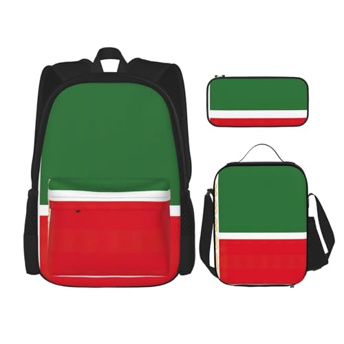 WURTON Rucksack-Set mit verstellbarer Schulterriemen, Motiv: Flagge der Tschetschenischen Republik, Lunch-Tasche, Federmäppchen, Kombinationstaschen-Set, Schwarz , Einheitsgröße