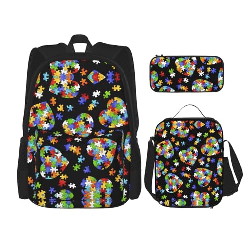 WURTON Autismus-Bewusstseins-Puzzle-Teile Herz-Druck Rucksack Mädchen Jungen Schultaschen Teenager Lunchbox und Federmäppchen 3 in 1 Büchertaschen Set