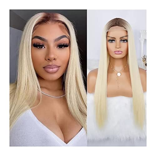 Perücken Blonde 613 lange gerade Spitzenperücke mit braunen Wurzeln, natürliche synthetische Perücken for Frauen, realistischer Mittelteil, hitzebeständige Faserperücke Damenperücke (Size : 26inches