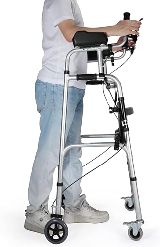 Aufrechter Rollator für Senioren mit Sitz, 4 Rädern, robuster, zusammenklappbarer Rollator mit Armlehnen, Bremsen, Gehhilfe für Behinderte für drinnen und draußen (mit Ledersitz).