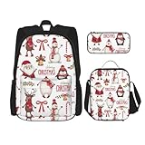 WURTON Weihnachtlicher Weihnachtsmann-Druck, trendiger Rucksack, Taschen, Lunchbox und Federmäppchen, 3-in-1, verstellbares Rucksack-Set, Schwarz, Einheitsgröße, Schwarz , Einheitsgröße