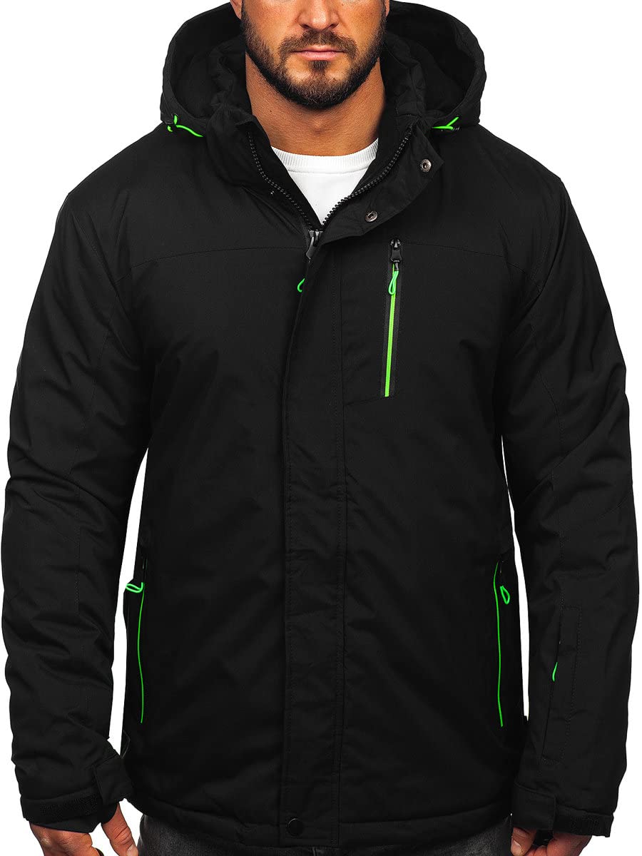 BOLF Herren Winterjacke Skijacke Snowboardjacke mit Reißverschluss und Kapuze Bündchen Outdoor Freizeit 7097 Schwarz-Grün XXL [4D4]