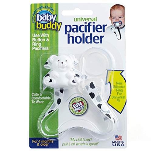 Baby Buddy Universal Pacifier Holder Clip -Snaps to Paci or Attach with Universal-Fit Silicone Ring, Pacifier Clip, Babies 4 Months and Up/Toddler Boys & Girls, Baby Must Haves, White/Black/Gray Dots