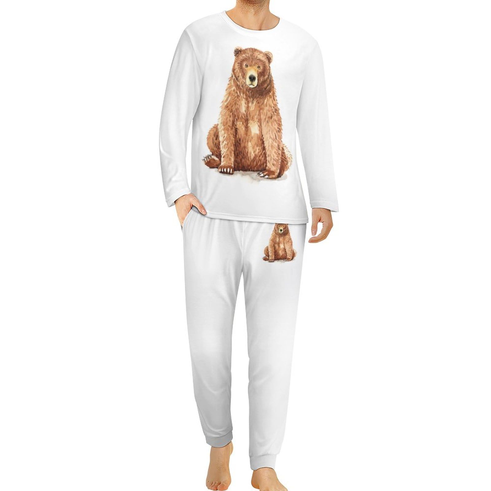 HABXNJF Herren Rundhals Schlafanzug Set Braun Bär Pyjama für Männer Herren Pyjama mit Taschen, Brown Bear, L