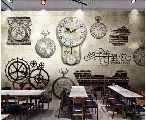 Vintage-Uhr Ziegelwand 3D Tapete Poster Restaurant Schlafzimmer Wohnzimmer Sofa TV Dekorative Wand-200cm×140cm