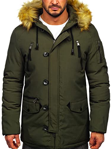 BOLF Herren Winterjacke Gefüttert mit Kapuze Parka Wintermantel Kapuzenjacke Fellbesatz Fellschnitt Lang Wärm Winter Herbst Freizeit Outdoor Casual Style 1795 Grün XXL [4D4]