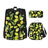 WURTON Gelbe frische Zitronen Druck trendige Rucksacktaschen Lunchbox und Federmäppchen 3-in-1 verstellbares Rucksack-Set, schwarz, Einheitsgröße, Schwarz , Einheitsgröße