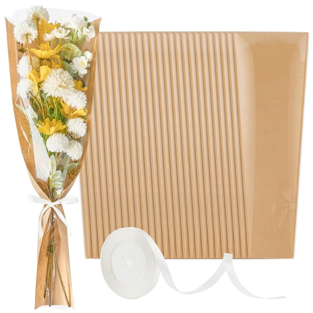 Begchy 50 Stück Blumenstrauß, Geschenkpapier, Kraftpapier, Blumenabdeckung mit Band für Floristen, 62 x 22 cm