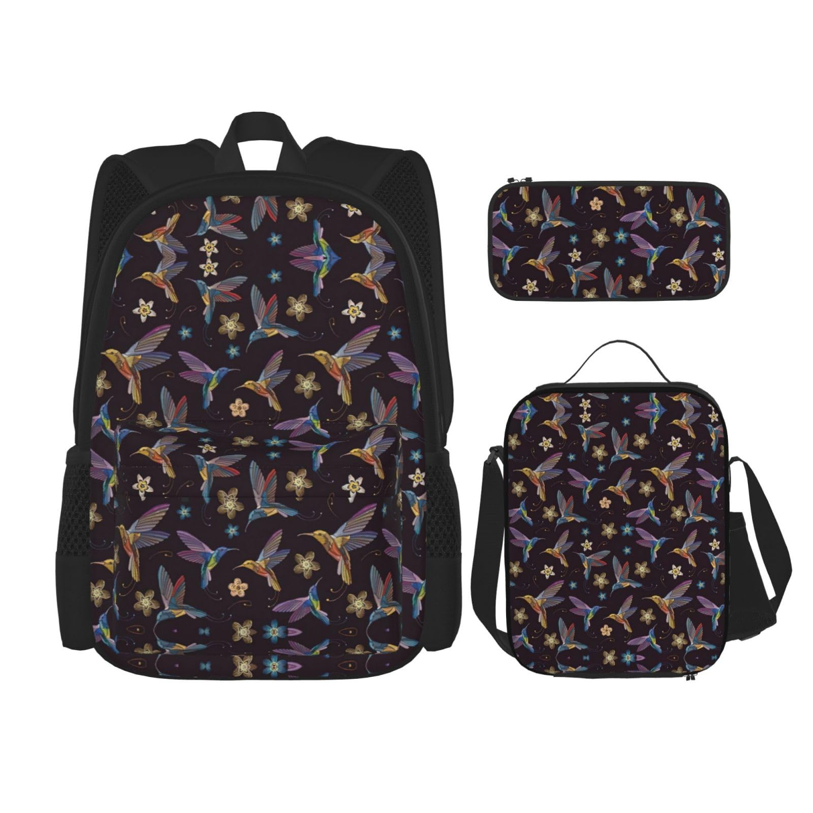 WURTON 3-in-1 Büchertaschen-Set mit Blumen-Kolibri-Stickerei, Rucksack, Mädchen, Jungen, Schultaschen, Teenager, Lunchbox und Federmäppchen, 3-in-1-Büchertaschen-Set, Schwarz, Einheitsgröße