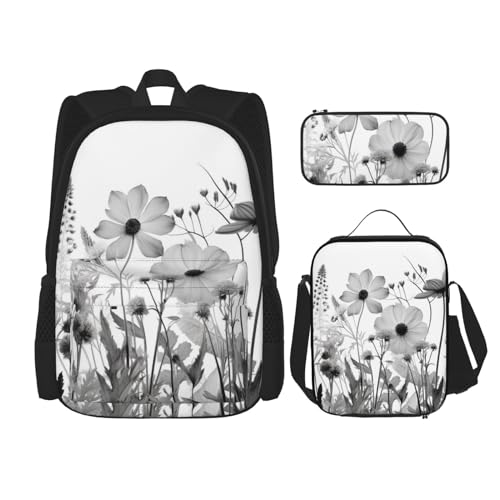 DENMER Mehrzweck-Schulranzen mit passendem Federmäppchen und Lunchtasche, Set - Ihre stilvolle All-in-One-Lösung, Schwarz-weiße Blumen, Einheitsgröße