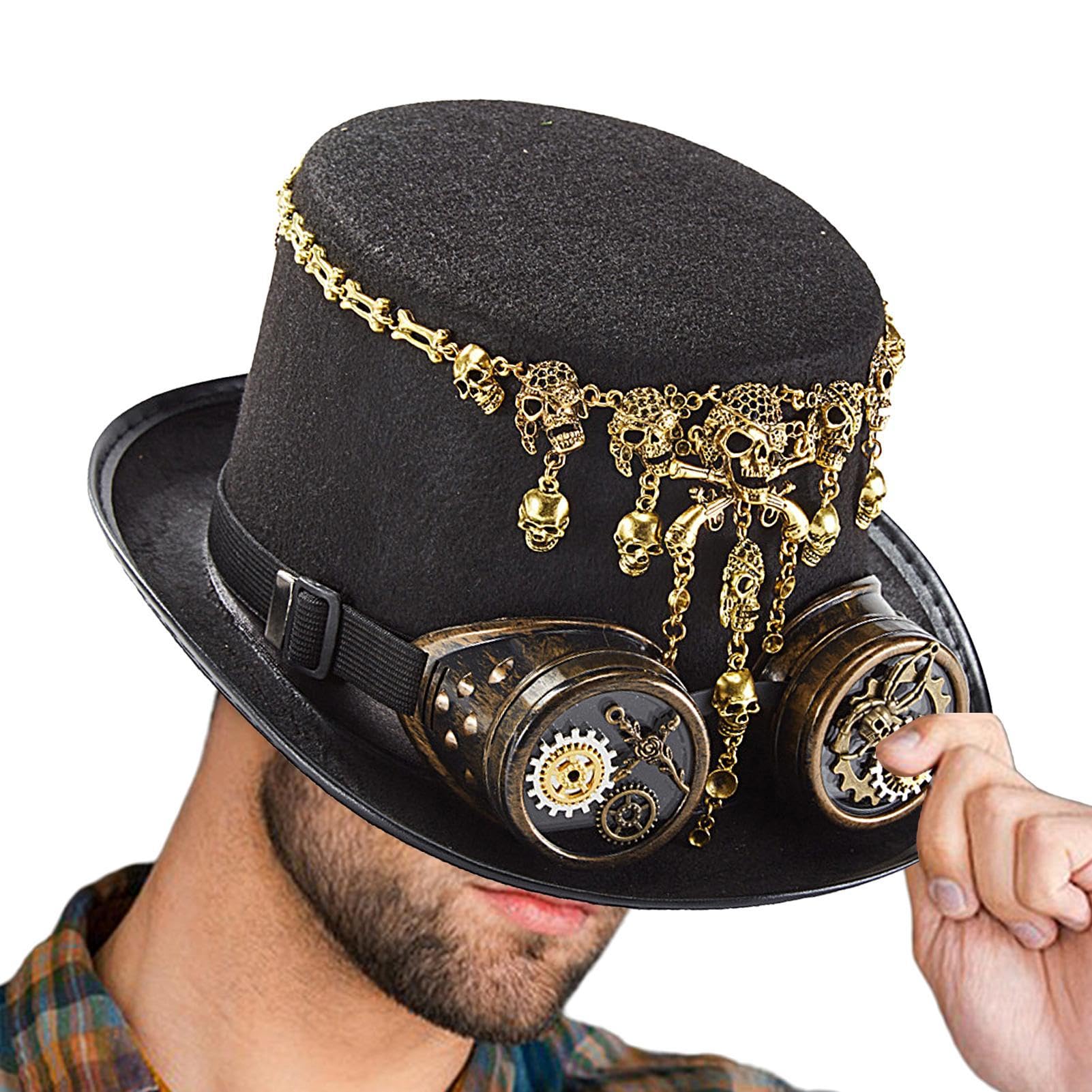 Nbhuiakl Steampunk-Hut, Cosplay-Kappe mit Brille, Halloween-Hut mit Totenkopf-Kette, Kostüm-Cosplay-Zubehör