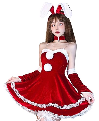 トクとユウ Cosplay-Kostüm-Set, 4-teiliges Set, Kostüm in Rot und Weiß, Röhrenoberteil, Kleid, Hasenohren, Kopfschmuck, rotes Nackenband, rote Ärmel, Weihnachten, Halloween, Kostüm für Damen (Rot)