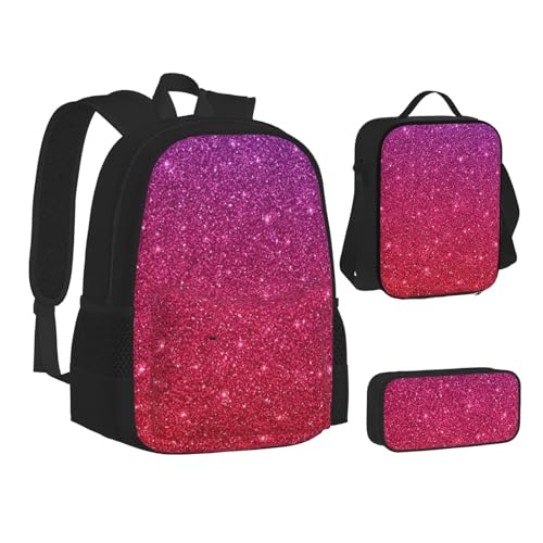 WURTON Rucksack, Lunchbox-Set mit Farbverlauf, Pailletten, glitzernd, 3-in-1, Büchertasche und Federmäppchen, passende Kombination, Schwarz, Einheitsgröße