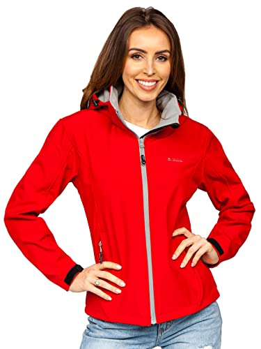 BOLF Damen Softshelljacke Übergangsjacke mit Kapuze Regenjacke Funktionsjacke Winddicht Wasserdicht Sportjacke Trekkingjacke Atmungsaktiv Outdoor Style AB056 Rot S [D4D]