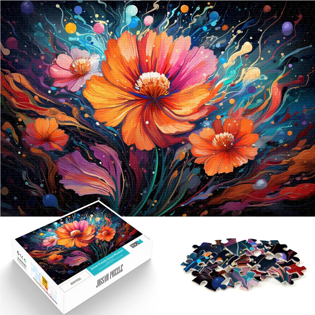 Puzzle, Bunte psychedelische Blumen, 1000 Teile, Puzzle für Erwachsene, Holzpuzzle zum Stressabbau, schwierige Herausforderung, 1000 Teile (50 x 75 cm)