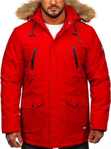 BOLF Herren Parka Jacke Winterjacke Gefüttert mit Kapuze Wintermantel Kapuzenjacke Lang Wärm Winter Herbst Freizeit Outdoor Casual Style WX032A Rot XL [4D4]