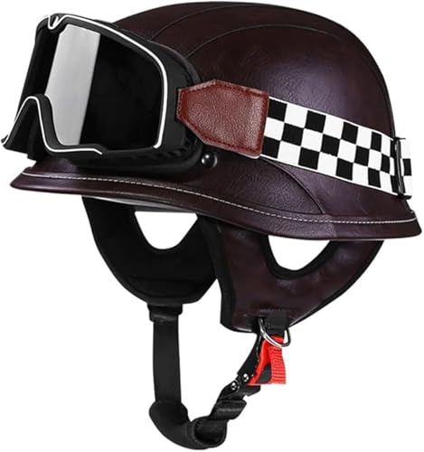 Lederhelm Im Deutschen Stil Mit Schutzbrille, ECE-Geprüfter Vintage-Cap-Halbhelm, Für Erwachsene, Männer Und Frauen, Offener Retro-Helm Für Roller, Moped, Street Cruiser D,L/(54~57cm)