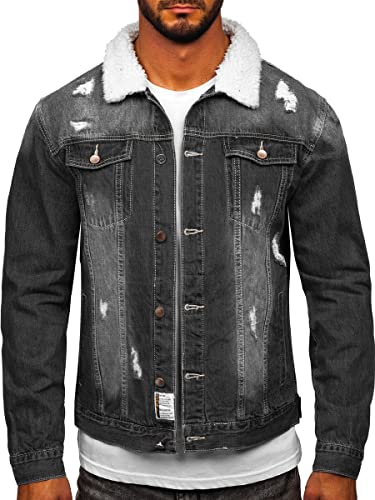 BOLF Herren Jeansjacke Übergangsjacke Trucker Jacket Sherpa Jacke mit Fell Teddyfell Jeans Denim Jacket Freizeitjacke Vintage Retro Classic Street Style Basic Casual Style MJ502N Schwarz XL [4D4]