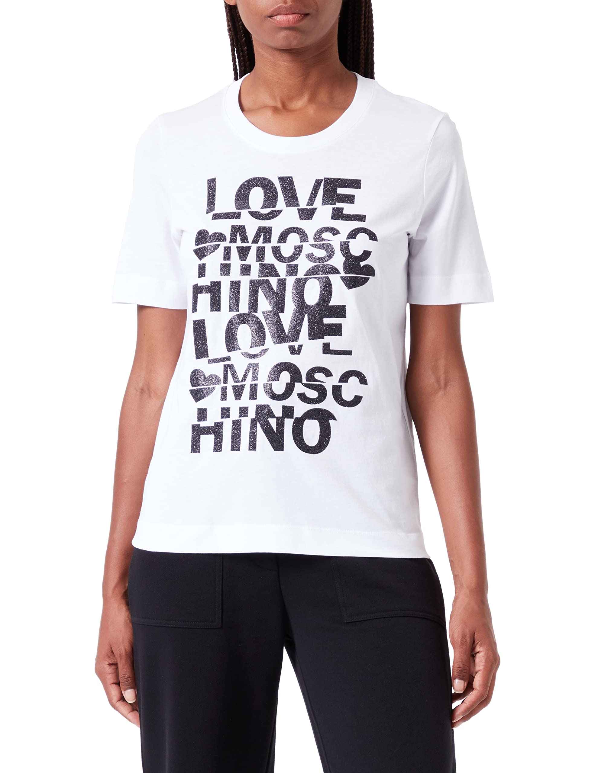 Love Moschino Damen Regular Fit Short Sleeves With Glitter Cut T Shirt, Optical White, 40 EU