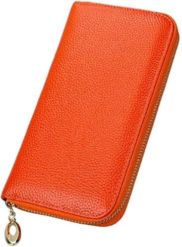 VSULZVNU Kartenetuis, Unisex, echtes Leder, Rindsleder, Reißverschluss, lange Ledergeldbörse, Ausweis, Kreditkartenhalter, Handytasche, Kapazität, lange Clutch (Farbe: Orange)