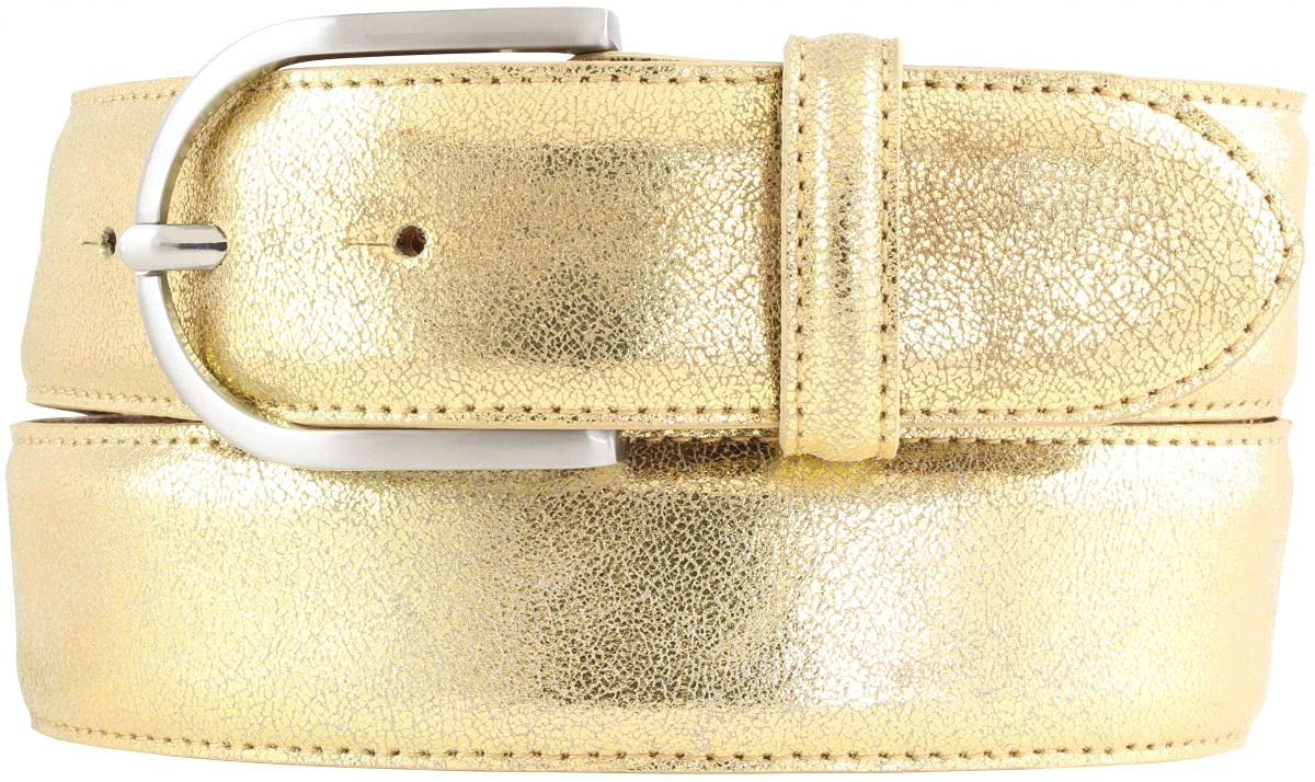 BELTINGER Damen-Gürtel mit Metall-Optik Echt Leder 4 cm | Leder-Gürtel Metallic-Look 40mm glänzend | Metall-Ledergürtel mit runder Gürtelschnalle | Gold 80cm