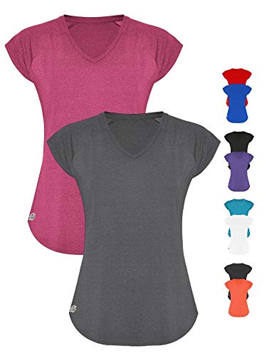 GO HEAVY Damen 2er-Pack Fitness Funktions Sport T-Shirt Laufshirt Kurzarm Schnelltrocknend | Grau/Rosa M