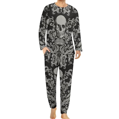 HABXNJF Herren Schlafanzug mit Rundhalsausschnitt, schwarzer Totenkopf-Pyjama für Männer, Herren-Pyjama mit Taschen, Schwarzer Totenkopf, M