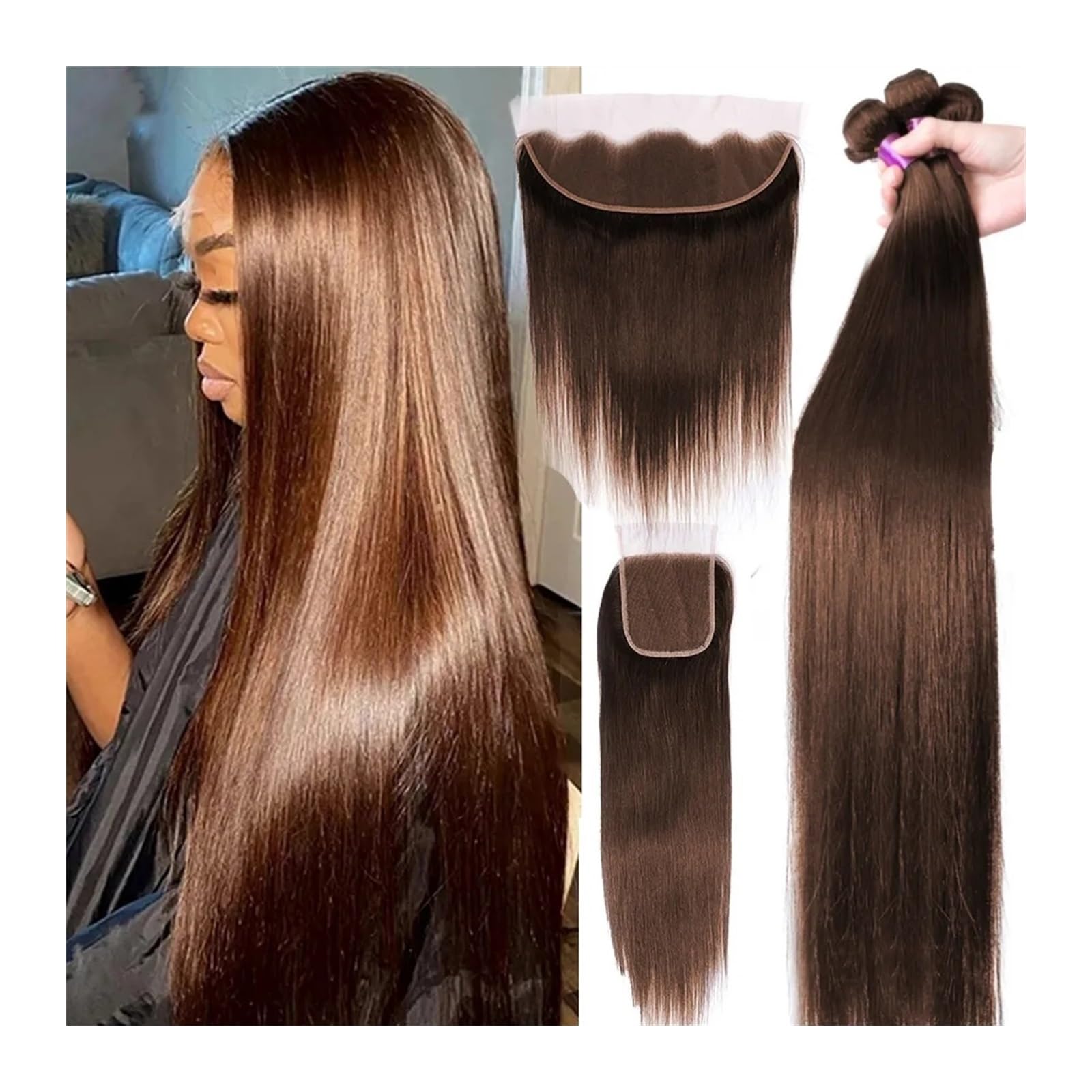 Human Hair Bundles Schokoladenbraune, glatte Echthaar-Bündel mit 4x4-Spitzenverschluss, frontal, 25,4–81,3 cm, brasilianische Remy-Haarwebart, Bündel mit Verschluss human hair weave (Size : 13" x 4"