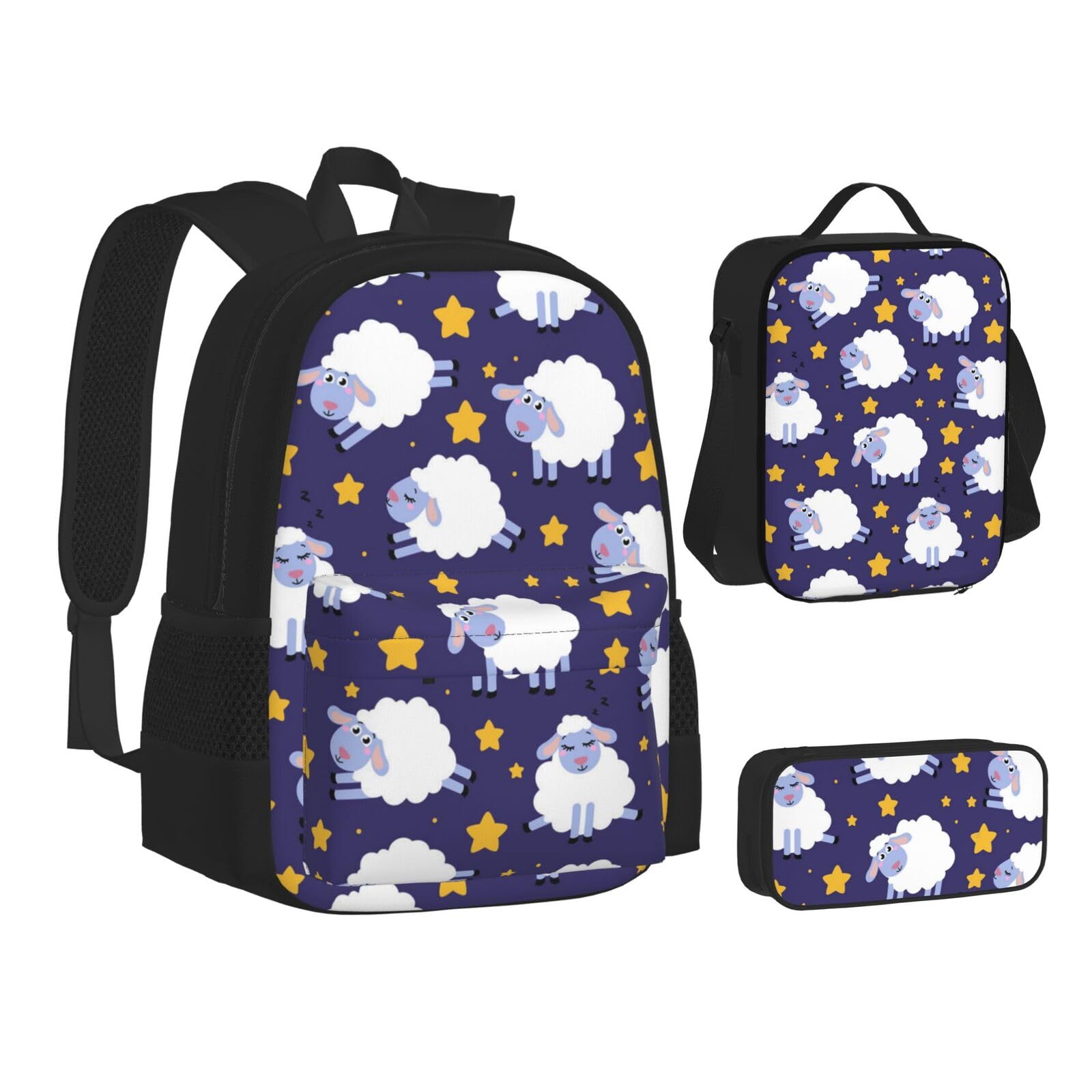 WURTON Teenager-Rucksack mit Schaf-Motiv, 3-in-1 (Federmäppchen + Schultasche + Lunchtasche)