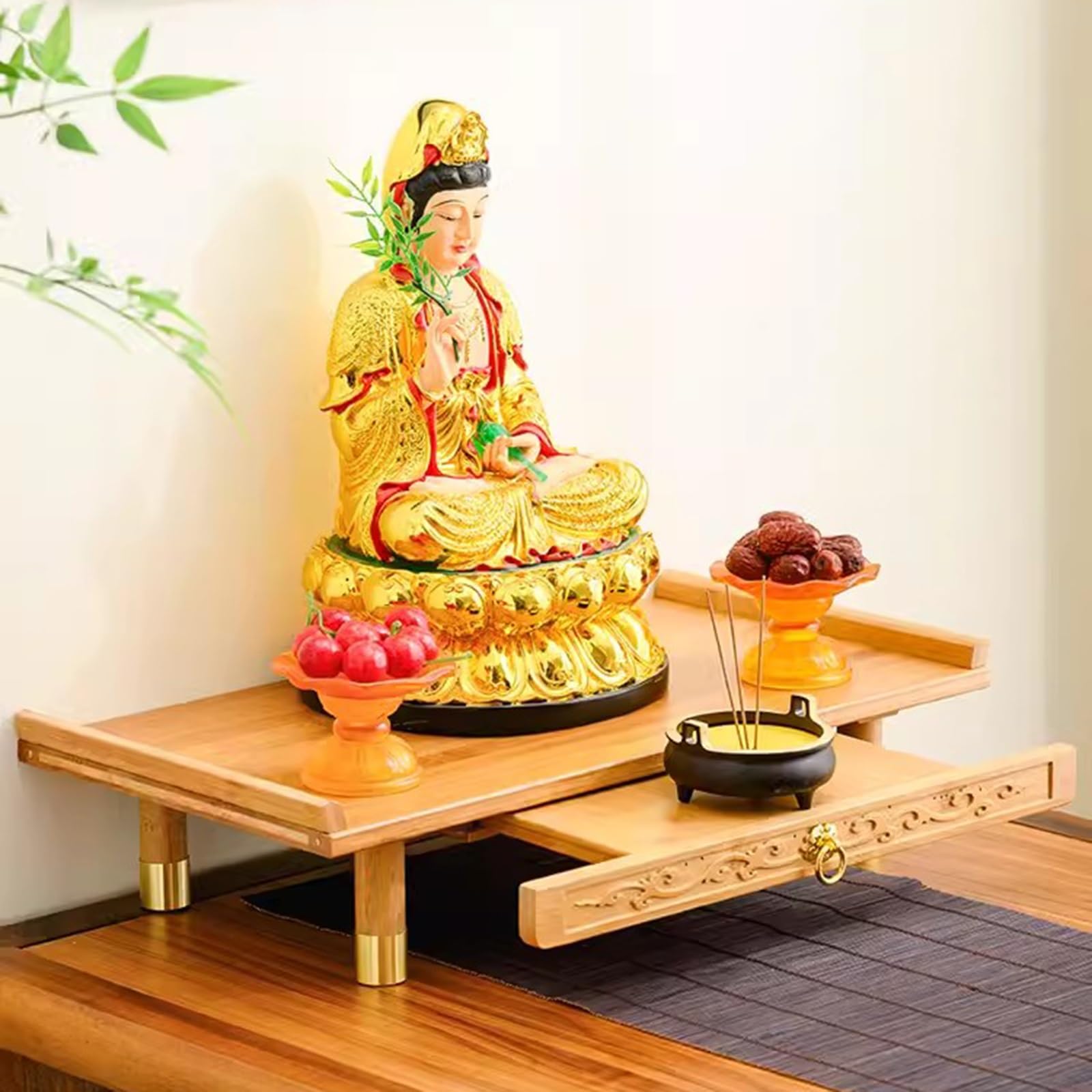 DUBTEDHOU Hölzerne Wiccan kleine Altar Tisch Buddhist Tisch, Hexenaltar aus Bambus, Buddha-Schrein for drinnen und draußen, Entspannung, Wahrsagerei(Large)