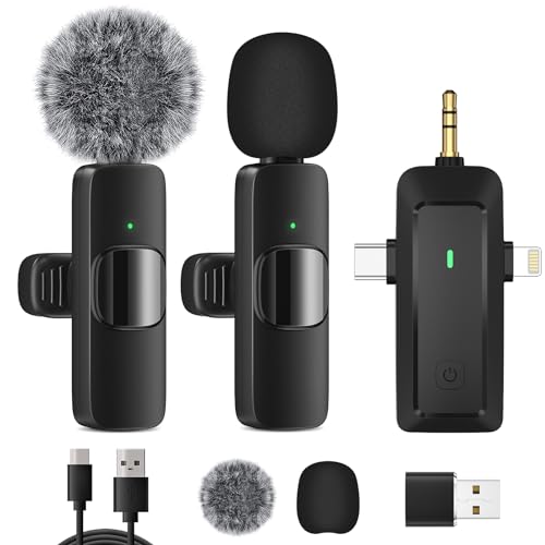 Kabelloses Lavalier Mikrofon für iPhone/Android Telefon/Kamera/Computer/Laptop, Professionelles Dual Ansteckmikrofon mit Lightning/USB-C/3,5 mm/USB-Stecker für Videoaufzeichnung, Vlog, YouTube, TikTok