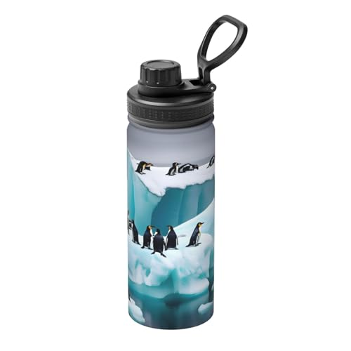 YQxwJL Wasserflasche mit Pinguin-Aufdruck auf dem Eisberg, 530 ml, Edelstahl-Flasche, Sport-Trinkflasche für Damen und Herren