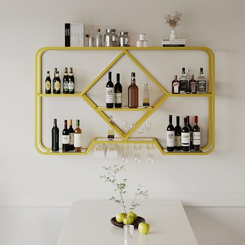 HSJFS Metall Wein Rack Wand Montiert Mit Hängendem Wein Glas Halter Rack Liquor Regal Mini Bar Küche Speicher Rack Wand Bar Schrank Liquor Flasche Display Regal Für Küche Esszimmer Bar Dekoration/D-No